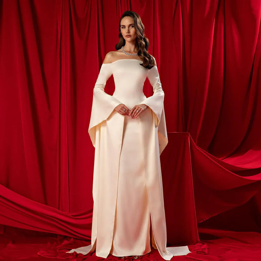 Elegant Mermaid Off-The-Shoulder Long Bell Sleeve Satin Evening Dress With Train