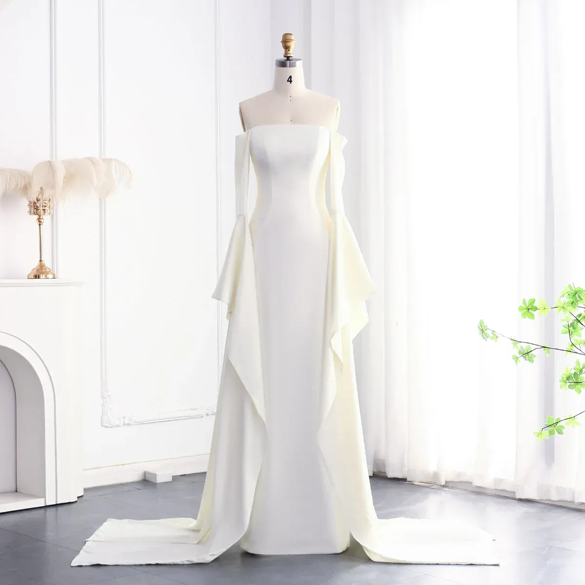 Elegant Mermaid Off-The-Shoulder Long Bell Sleeve Satin Evening Dress With Train