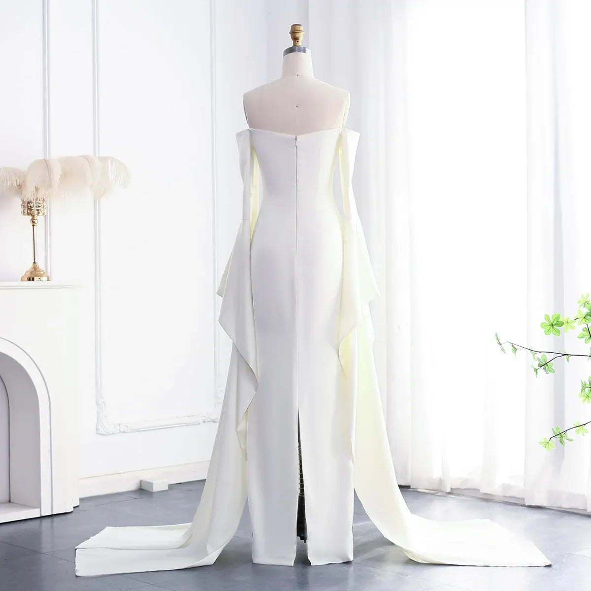 Elegant Mermaid Off-The-Shoulder Long Bell Sleeve Satin Evening Dress With Train