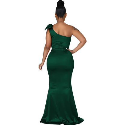 Elegant Mermaid One-Shoulder Bow-Detail Satin Maxi Evening Dress
