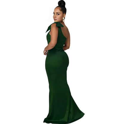Elegant Mermaid One-Shoulder Bow-Detail Satin Maxi Evening Dress