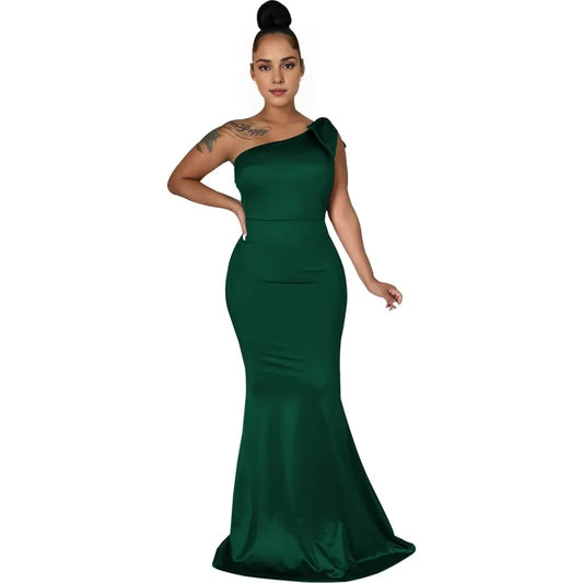 Elegant Mermaid One-Shoulder Bow-Detail Satin Maxi Evening Dress