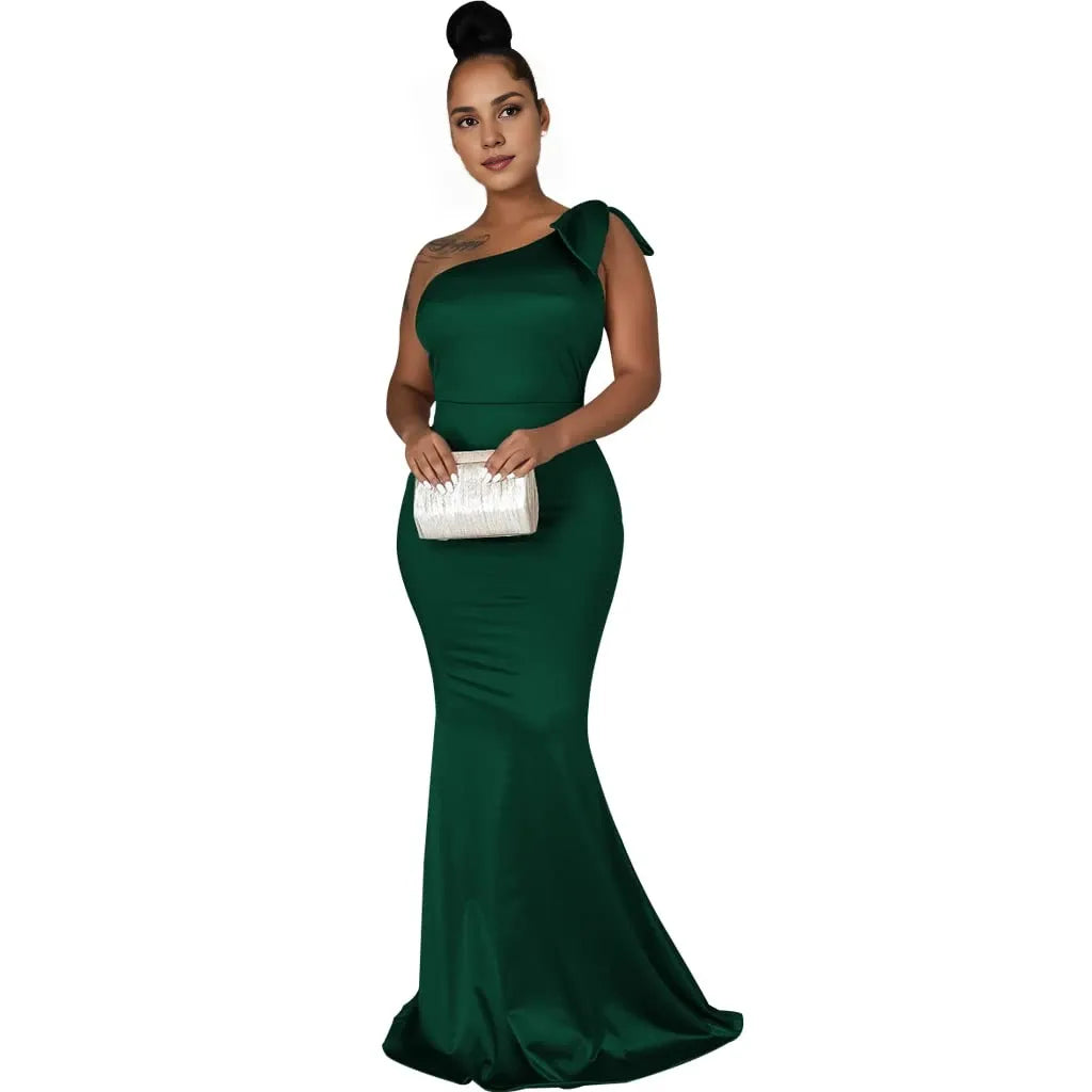 Elegant Mermaid One-Shoulder Bow-Detail Satin Maxi Evening Dress