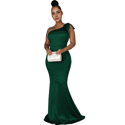 Elegant Mermaid One-Shoulder Bow-Detail Satin Maxi Evening Dress