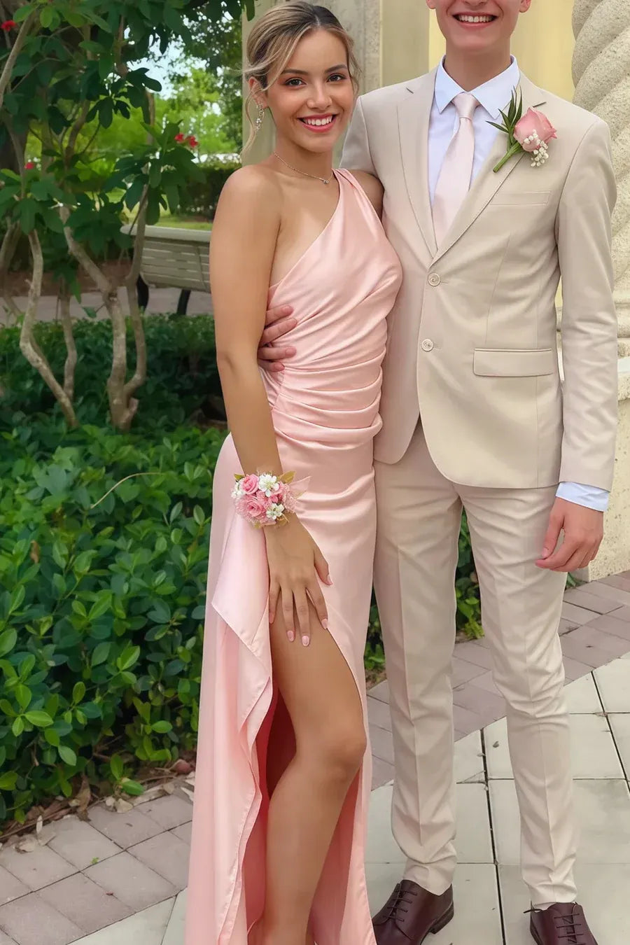 Elegant Mermaid One-Shoulder Ruched High Slit Backless Satin Maxi Dress