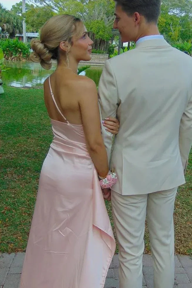 Elegant Mermaid One-Shoulder Ruched High Slit Backless Satin Maxi Dress