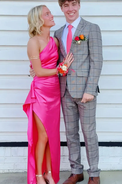 Elegant Mermaid One-Shoulder Ruched High Slit Backless Satin Maxi Dress