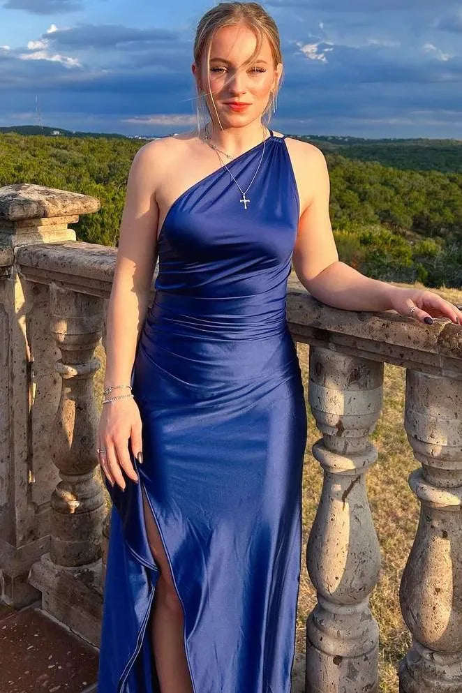 Elegant Mermaid One-Shoulder Ruched High Slit Backless Satin Maxi Dress