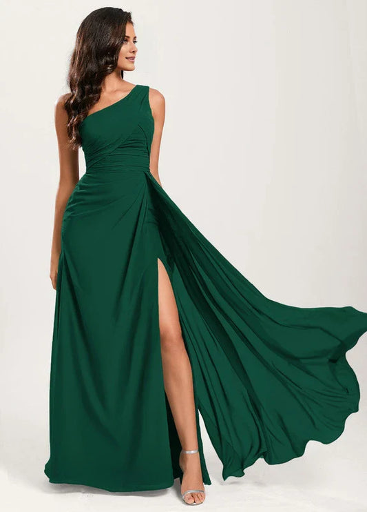 Elegant Mermaid One-Shoulder Ruched High-Slit Chiffon Maxi Evening Dress
