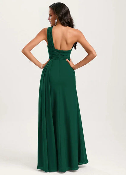 Elegant Mermaid One-Shoulder Ruched High-Slit Chiffon Maxi Evening Dress