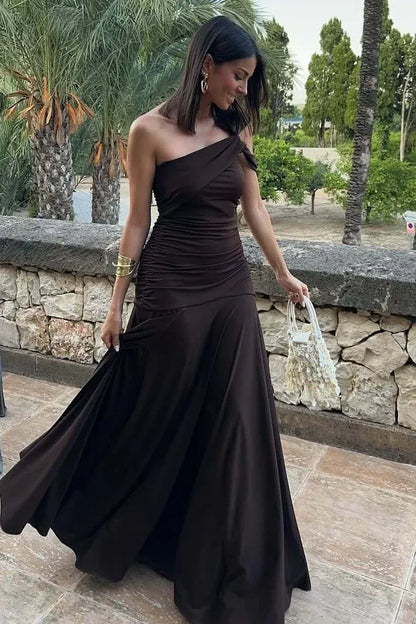 Elegant Mermaid One-Shoulder Ruched High Slit Satin Maxi Dress