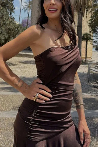 Elegant Mermaid One-Shoulder Ruched High Slit Satin Maxi Dress