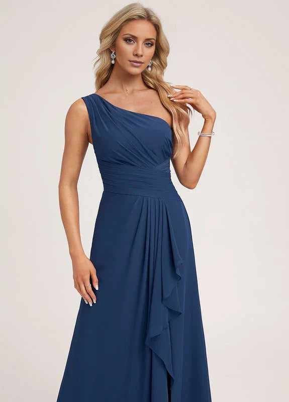 Elegant Mermaid One-Shoulder Ruffle-Trim High-Slit Chiffon Maxi Evening Dress