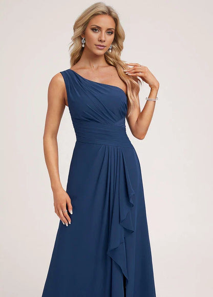 Elegant Mermaid One-Shoulder Ruffle-Trim High-Slit Chiffon Maxi Evening Dress