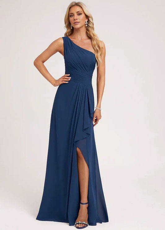 Elegant Mermaid One-Shoulder Ruffle-Trim High-Slit Chiffon Maxi Evening Dress