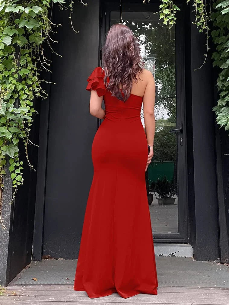 Elegant Mermaid One-Shoulder Ruffled-Sleeve Open-Back Maxi Evening Dress
