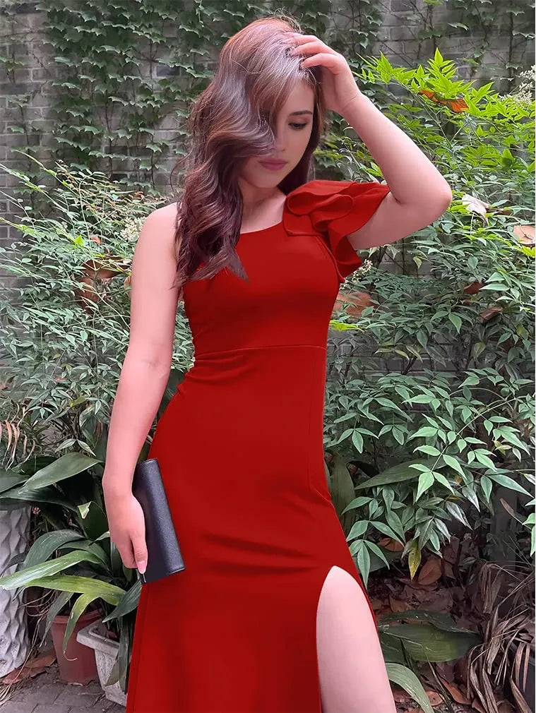 Elegant Mermaid One-Shoulder Ruffled-Sleeve Open-Back Maxi Evening Dress