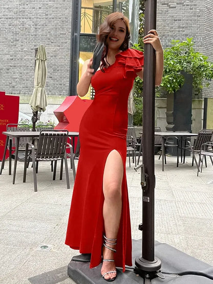 Elegant Mermaid One-Shoulder Ruffled-Sleeve Open-Back Maxi Evening Dress