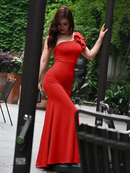 Elegant Mermaid One-Shoulder Ruffled-Sleeve Open-Back Maxi Evening Dress