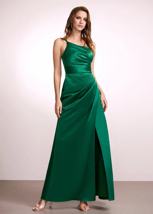 Elegant Mermaid One-Shoulder Satin Ruched High-Slit Maxi Evening Dress