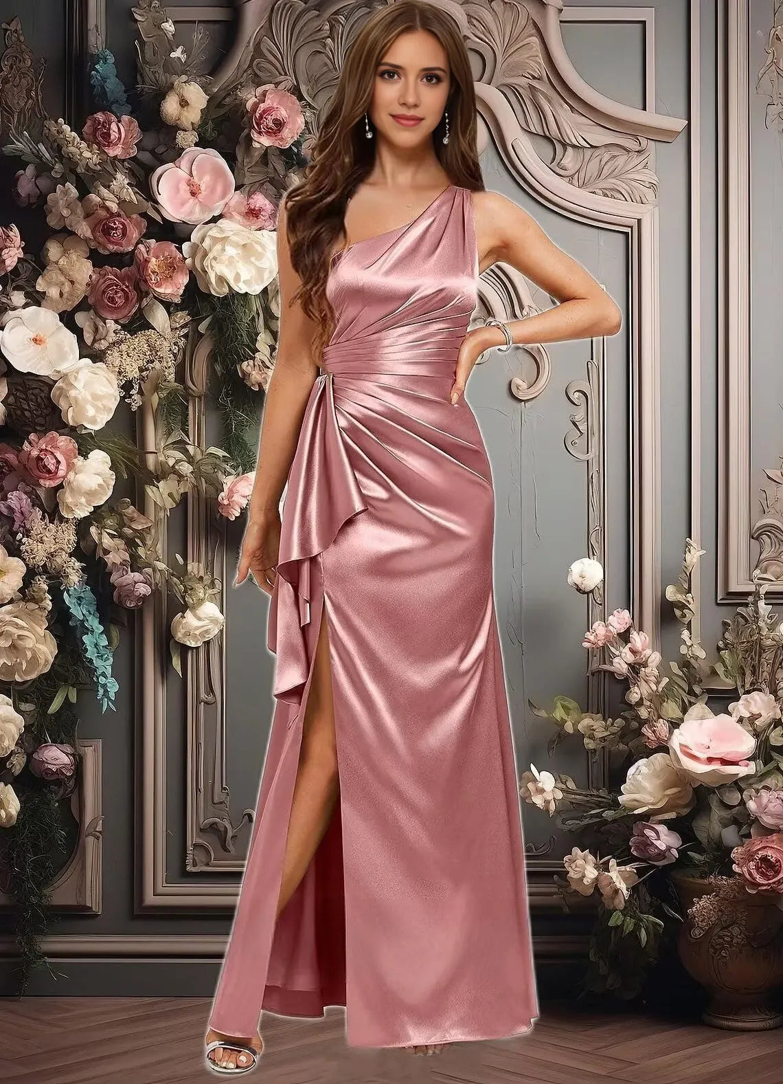 Elegant Mermaid One-Shoulder Sleeveless Crisscross-Lace-Up-Back High-Slit Maxi Evening Dress