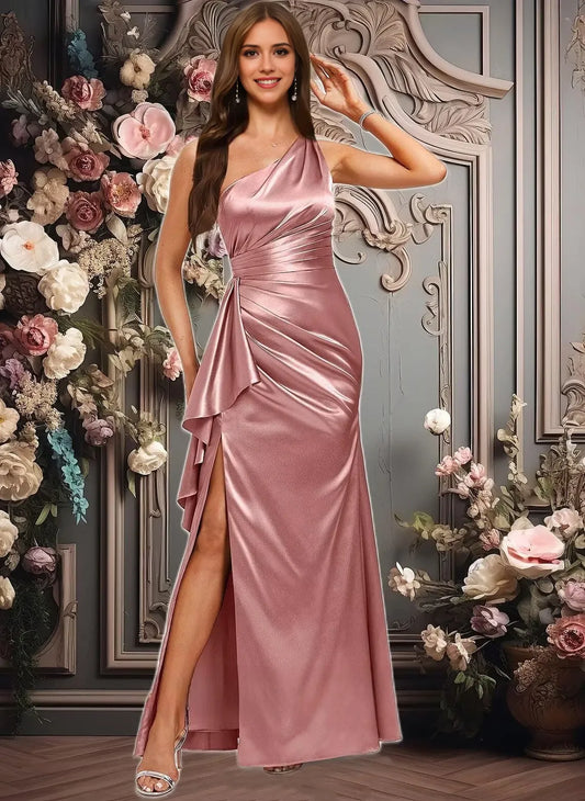 Elegant Mermaid One-Shoulder Sleeveless Crisscross-Lace-Up-Back High-Slit Maxi Evening Dress