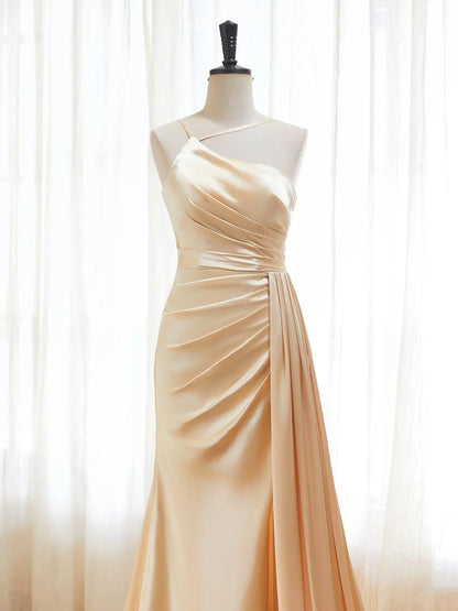 Elegant Mermaid One-Shoulder Sleeveless Crisscross-Lace-Up-Back Train Maxi Evening Dress