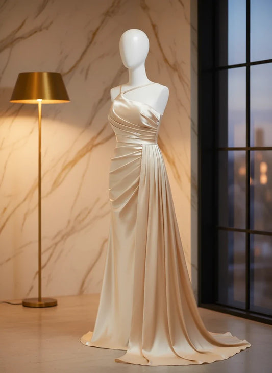 Elegant Mermaid One-Shoulder Sleeveless Crisscross-Lace-Up-Back Train Maxi Evening Dress