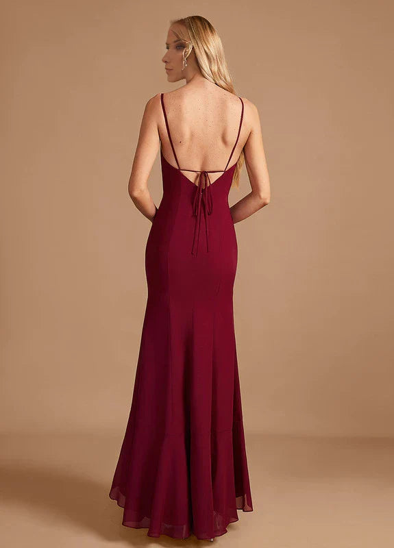 Elegant Mermaid One-Shoulder Spaghetti Strap Ruched High-Slit Ruffle Hem Maxi Evening Dress