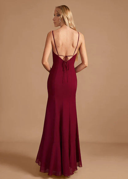 Elegant Mermaid One-Shoulder Spaghetti Strap Ruched High-Slit Ruffle Hem Maxi Evening Dress