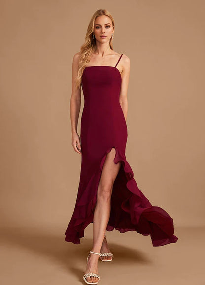 Elegant Mermaid One-Shoulder Spaghetti Strap Ruched High-Slit Ruffle Hem Maxi Evening Dress
