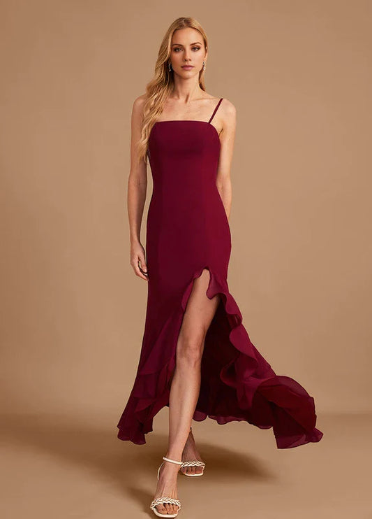 Elegant Mermaid One-Shoulder Spaghetti Strap Ruched High-Slit Ruffle Hem Maxi Evening Dress