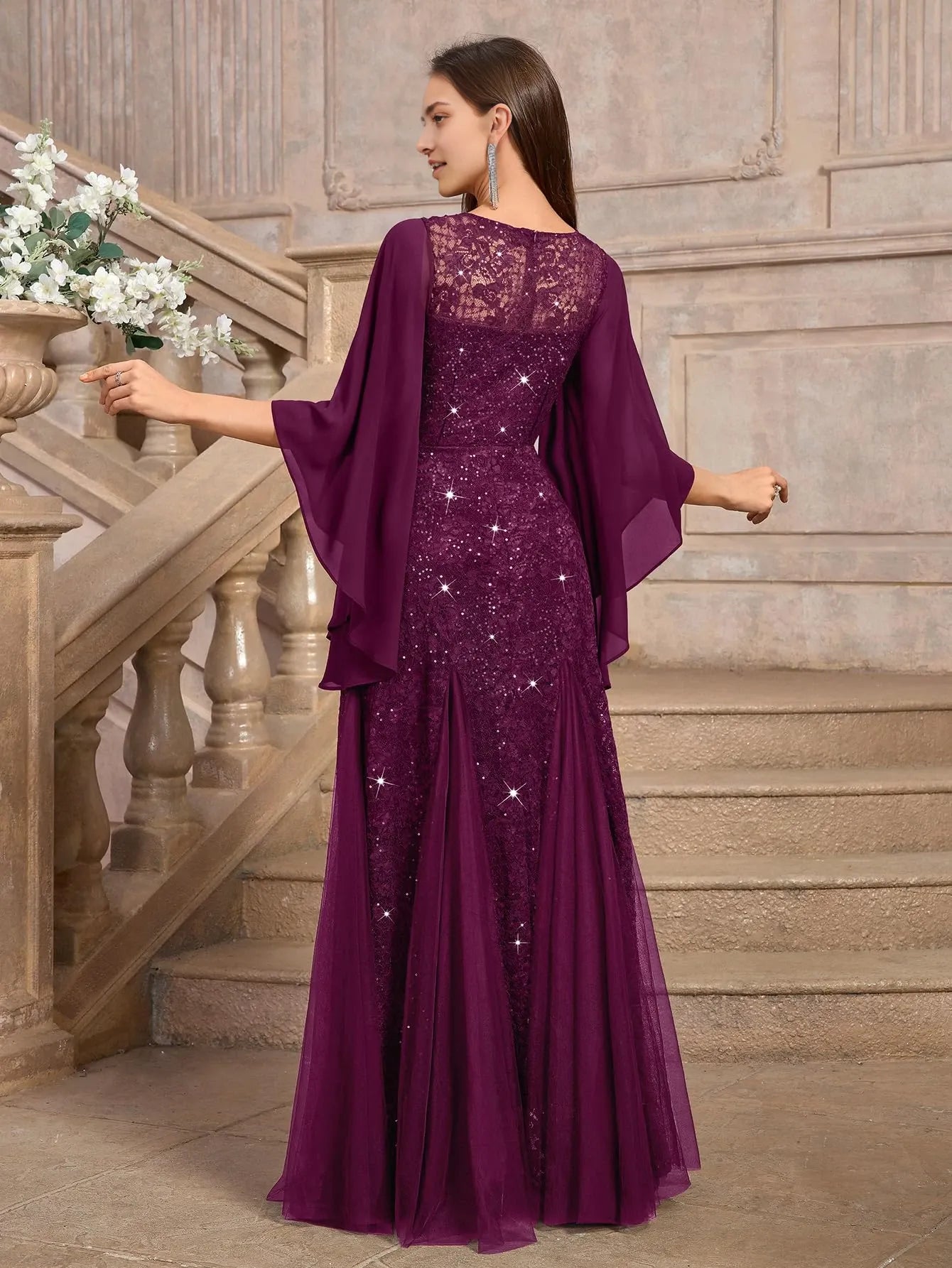 Elegant Mermaid Round Neck Flowy Sleeve Back Zip Lace Sequin Tulle Floor-Length Evening Dress