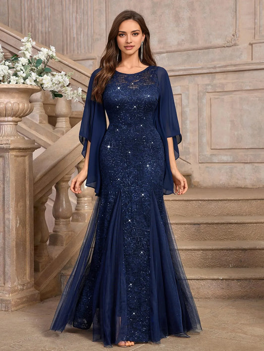 Elegant Mermaid Round Neck Flowy Sleeve Back Zip Lace Sequin Tulle Floor-Length Evening Dress