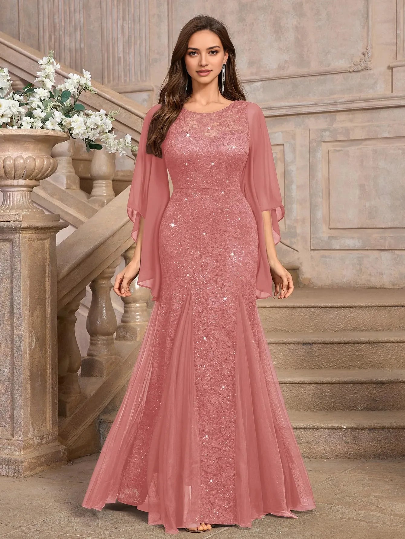 Elegant Mermaid Round Neck Flowy Sleeve Back Zip Lace Sequin Tulle Floor-Length Evening Dress
