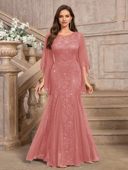 Elegant Mermaid Round Neck Flowy Sleeve Back Zip Lace Sequin Tulle Floor-Length Evening Dress