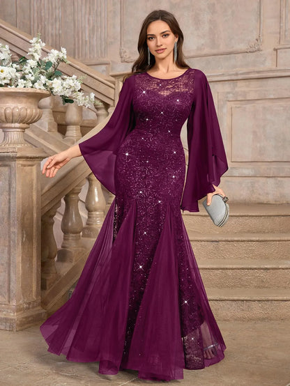 Elegant Mermaid Round Neck Flowy Sleeve Back Zip Lace Sequin Tulle Floor-Length Evening Dress