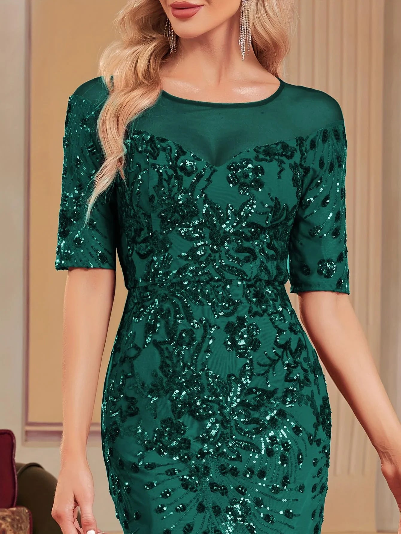 Elegant Mermaid Round Neck Half Sleeve Back Zip Sequin Floor-Length Evening Dress