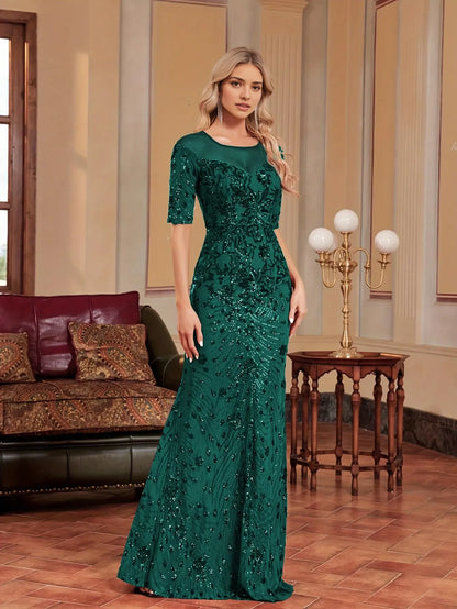 Elegant Mermaid Round Neck Half Sleeve Back Zip Sequin Floor-Length Evening Dress