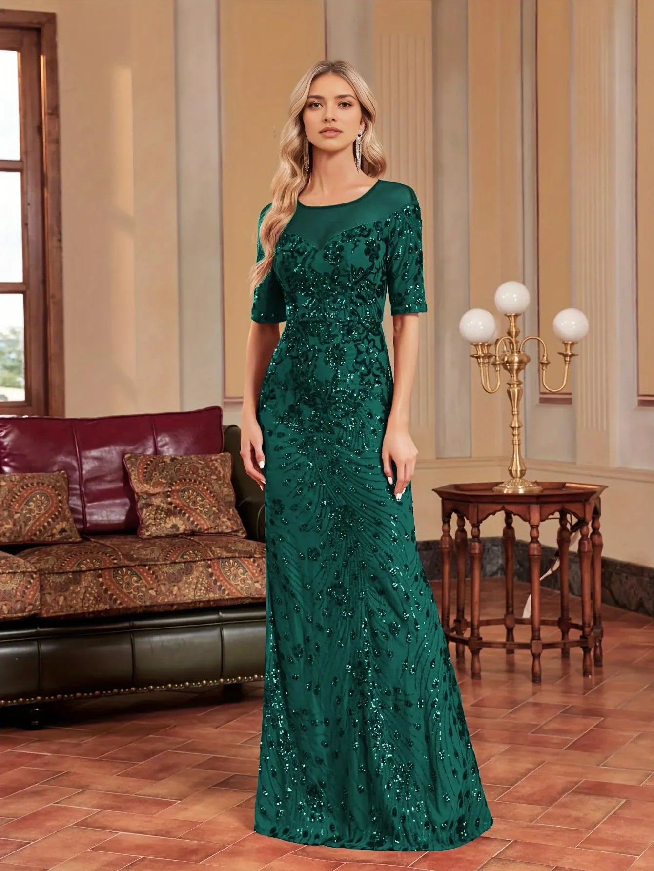 Elegant Mermaid Round Neck Half Sleeve Back Zip Sequin Floor-Length Evening Dress