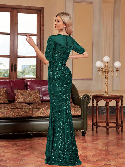 Elegant Mermaid Round Neck Half Sleeve Back Zip Sequin Floor-Length Evening Dress