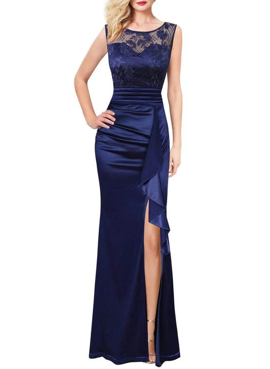 Elegant Mermaid Round Neck Lace Satin Ruffle High-Slit Maxi Evening Dress