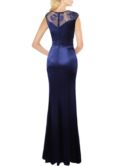 Elegant Mermaid Round Neck Lace Satin Ruffle High-Slit Maxi Evening Dress