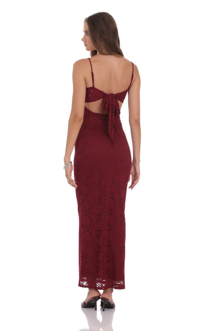 Elegant Mermaid Spaghetti-Strap Bow-Accent Cut-Out-Back Burgundy Lace Floor-Length Prom Dresses