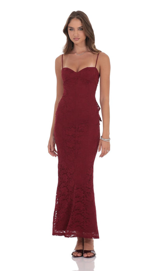 Elegant Mermaid Spaghetti-Strap Bow-Accent Cut-Out-Back Burgundy Lace Floor-Length Prom Dresses