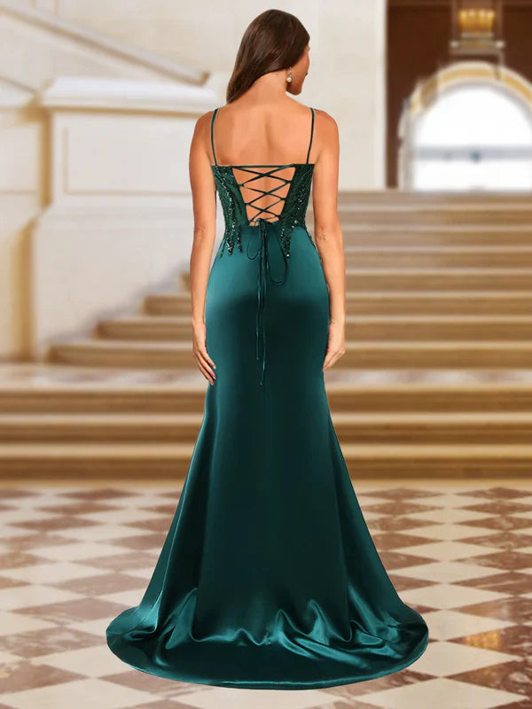 Elegant Mermaid Spaghetti-Strap Lace-Up-Back Sequin-Emerald Green Satin Train-Floor-Length Prom Dresses