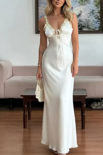 Elegant Mermaid Spaghetti Strap V-Neck Lace Trim Tie Detail Satin Maxi Dress