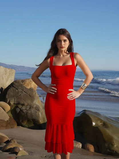 Elegant Mermaid Square Neck Sleeveless Zip Back Ruffled Midi Evening Dress