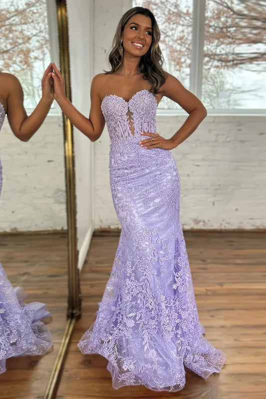 Elegant Mermaid Strapless Lace-Embellished Open-Back Floor-Length Prom Dress