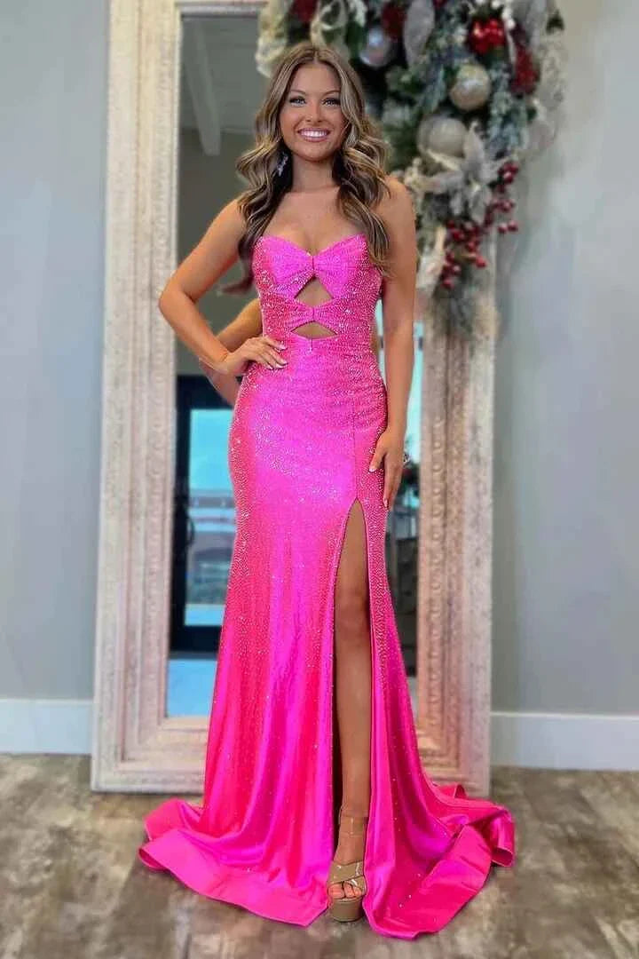 Elegant Mermaid Strapless Sequin-Cutout-Bodice Crisscross-Lace-Up-Back High-Slit Train Maxi Evening Dress